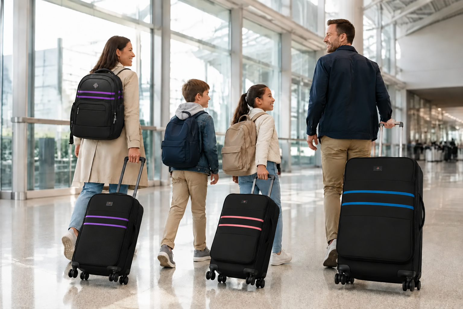 Family traveling through an airport with the mother carrying purple-stripe Flipside luggage with the correct broad suitcase front panel, the daughter pulling a pink-stripe case, and the father pulling a blue-stripe case